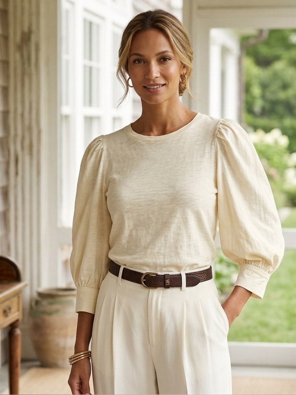 Lauren Ralph Lauren Slub Jersey Puff-Sleeve Top Cream Large